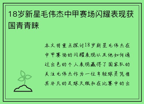 18岁新星毛伟杰中甲赛场闪耀表现获国青青睐 18岁新星毛伟杰中甲赛场闪耀表现获国青青睐